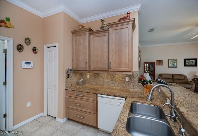 1115 Comet Ave, Labelle, FL 33935 - kitchen with white dishwasher, a sink, open floor plan, decorative backsplash, and ornamental molding