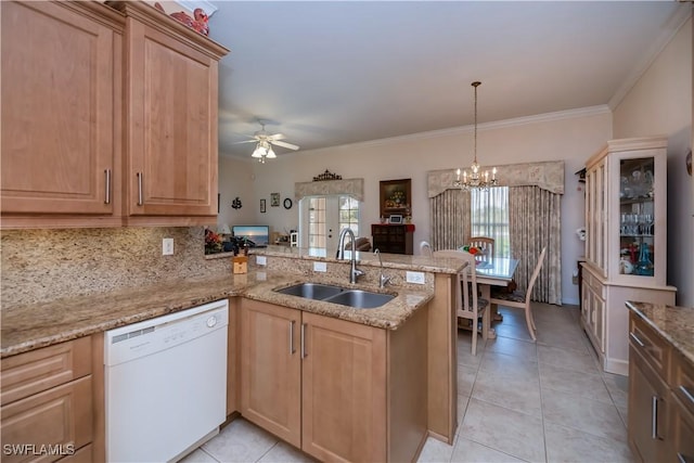 1115 Comet Ave, Labelle, FL 33935 - kitchen with dishwasher, a sink, a peninsula, light tile patterned floors, and light stone countertops