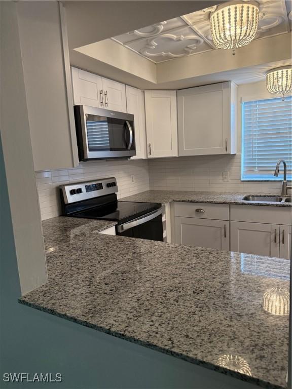 5499 Rattlesnake Hammock Rd Unit A 103, Naples, FL 34113 - kitchen featuring appliances with stainless steel finishes, a sink, a chandelier, stone countertops, and white cabinets