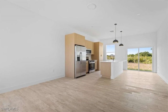 2902 61st St W, Lehigh Acres, FL 33971 - kitchen with stainless steel appliances, light wood-style floors, light countertops, and baseboards