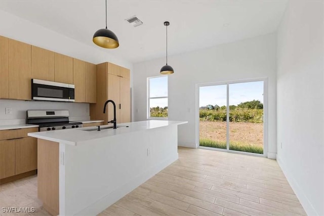 2902 61st St W, Lehigh Acres, FL 33971 - kitchen featuring appliances with stainless steel finishes, a sink, light countertops, a center island with sink, and light wood-style flooring