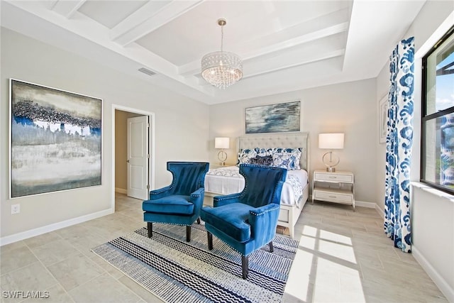 10700 Clementine Pl, North Fort Myers, FL 33917 - bedroom with a chandelier, baseboards, beam ceiling, and coffered ceiling