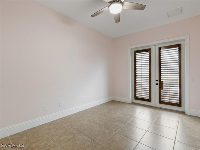 18251 Parkridge Ct, Fort Myers, FL 33908 - empty room featuring french doors, baseboards, a ceiling fan, and light tile patterned floors