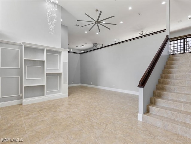 18251 Parkridge Ct, Fort Myers, FL 33908 - unfurnished living room featuring recessed lighting, light tile patterned floors, ceiling fan, baseboards, and stairs