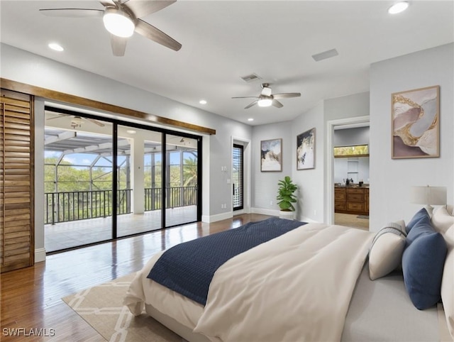 18251 Parkridge Ct, Fort Myers, FL 33908 - bedroom with access to outside, wood finished floors, recessed lighting, baseboards, and ceiling fan