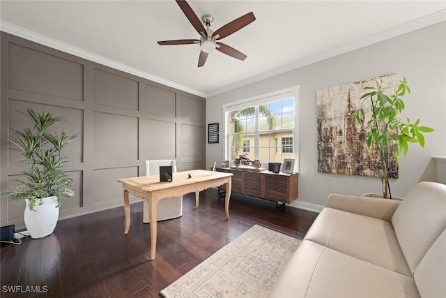 646 Vintage Reserve Cir Unit 4D, Naples, FL 34119 - home office with ceiling fan, ornamental molding, dark wood-style flooring, a decorative wall, and baseboards
