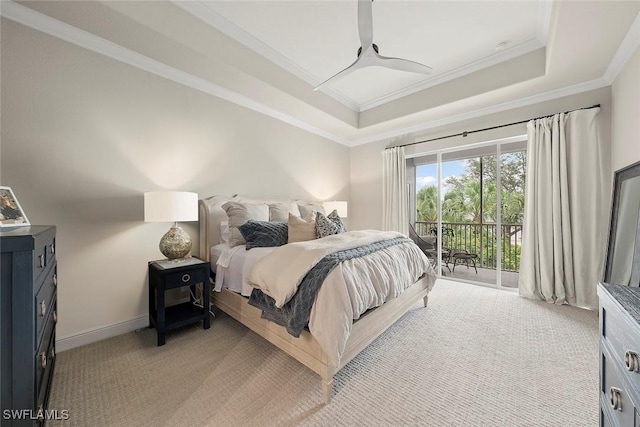 646 Vintage Reserve Cir Unit 4D, Naples, FL 34119 - bedroom featuring a tray ceiling, crown molding, access to exterior, light colored carpet, and ceiling fan