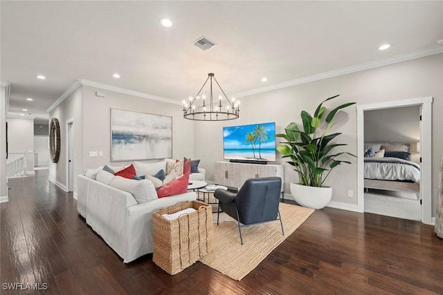 646 Vintage Reserve Cir Unit 4D, Naples, FL 34119 - living area with hardwood / wood-style flooring, a chandelier, recessed lighting, baseboards, and crown molding