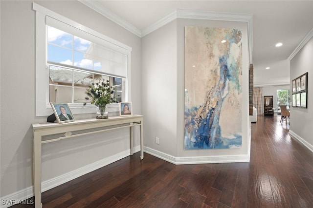 646 Vintage Reserve Cir Unit 4D, Naples, FL 34119 - hall with wood-type flooring, baseboards, ornamental molding, and recessed lighting