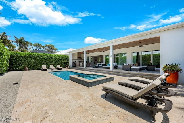1167 22nd Ave N, Naples, FL 34103 - view of pool with an outdoor living space, a ceiling fan, a patio, and an in-ground hot tub
