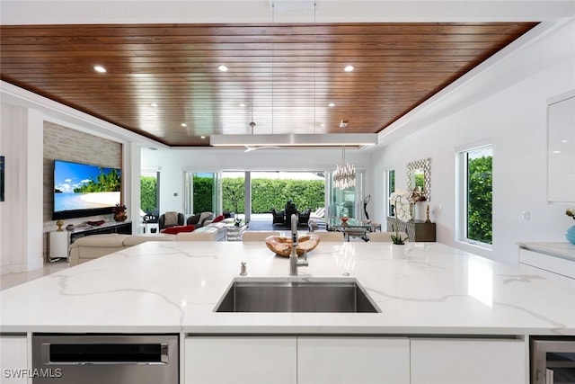 1167 22nd Ave N, Naples, FL 34103 - kitchen featuring open floor plan, wood ceiling, beverage cooler, a sink, and white cabinetry