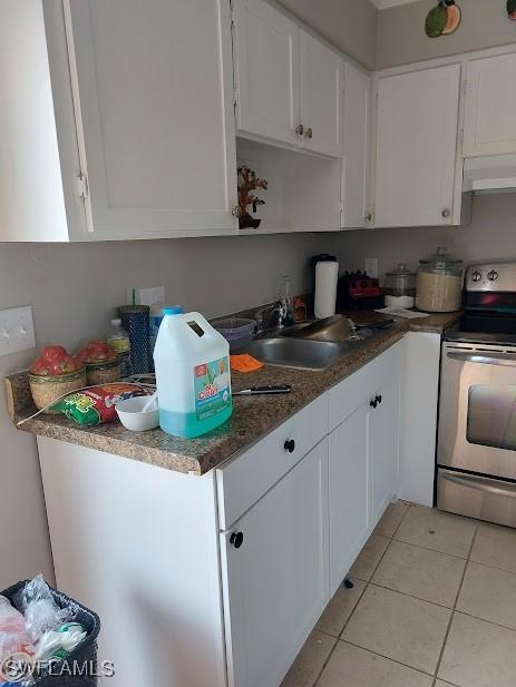11421 Kimble Dr Unit 423, Fort Myers, FL 33908 - kitchen featuring stainless steel range with electric stovetop, a sink, range hood, white cabinets, and light tile patterned floors