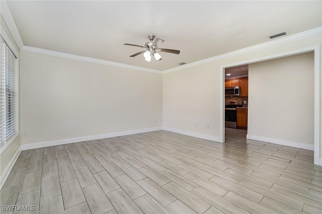 1400 Billie St, Fort Myers, FL 33916 - empty room featuring a ceiling fan, crown molding, baseboards, and light wood-style flooring