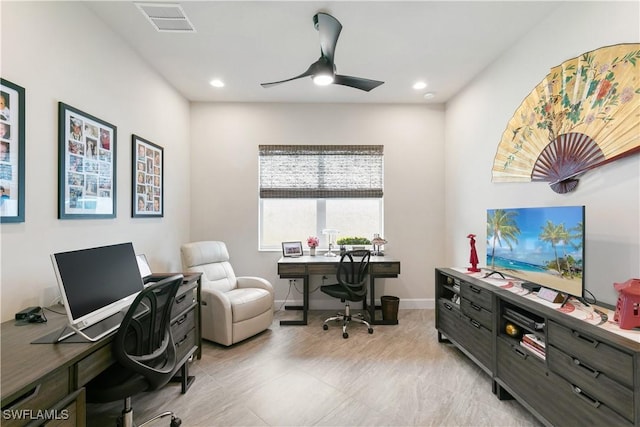28648 Lobos Cir, Bonita Springs, FL 34135 - home office featuring ceiling fan, recessed lighting, and baseboards