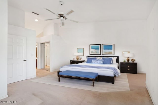 24797 Lakemont Cove Ln Unit 202, Bonita Springs, FL 34134 - bedroom featuring carpet floors, baseboards, high vaulted ceiling, and ceiling fan
