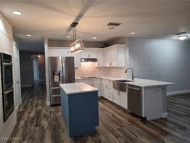 7821 Deni Dr, North Fort Myers, FL 33917 - kitchen featuring stainless steel appliances, a sink, wallpapered walls, light countertops, and dark wood finished floors