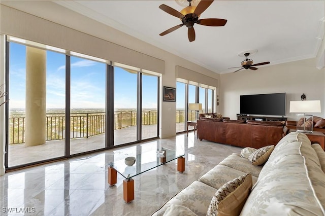 14300 Riva Del Lago Dr Unit 2103, Fort Myers, FL 33907 - living room with light marble finish flooring, ceiling fan, and crown molding