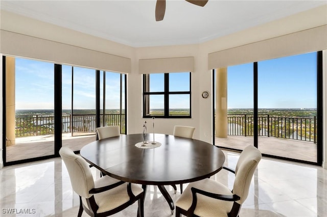 14300 Riva Del Lago Dr Unit 2103, Fort Myers, FL 33907 - dining space with a ceiling fan, healthy amount of natural light, a water view, and light tile patterned flooring