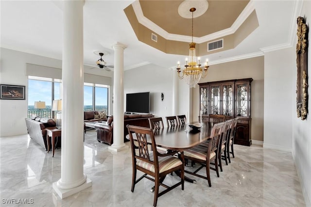 14300 Riva Del Lago Dr Unit 2103, Fort Myers, FL 33907 - dining space featuring ornate columns, a raised ceiling, a ceiling fan, light marble finish flooring, and crown molding