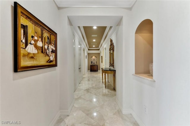 14300 Riva Del Lago Dr Unit 2103, Fort Myers, FL 33907 - corridor with light marble finish floors, arched walkways, baseboards, crown molding, and recessed lighting
