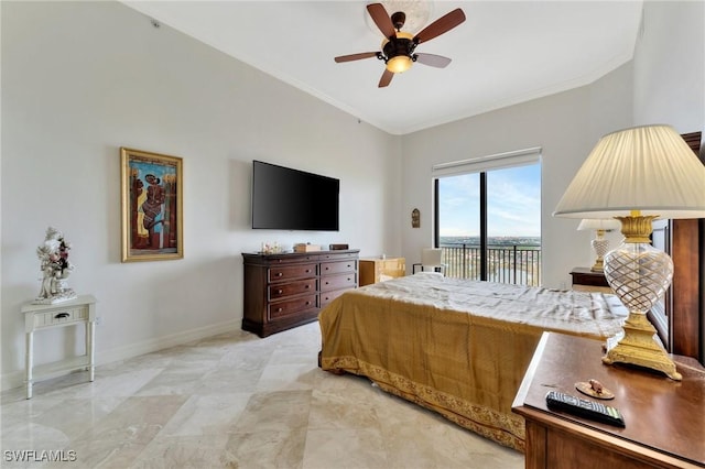 14300 Riva Del Lago Dr Unit 2103, Fort Myers, FL 33907 - bedroom with ornamental molding, access to exterior, baseboards, and a ceiling fan