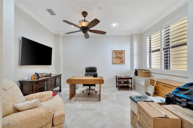 14300 Riva Del Lago Dr Unit 2103, Fort Myers, FL 33907 - home office featuring ornamental molding, a ceiling fan, light marble finish flooring, baseboards, and recessed lighting