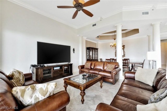 14300 Riva Del Lago Dr Unit 2103, Fort Myers, FL 33907 - living room with decorative columns, crown molding, ceiling fan, and a chandelier