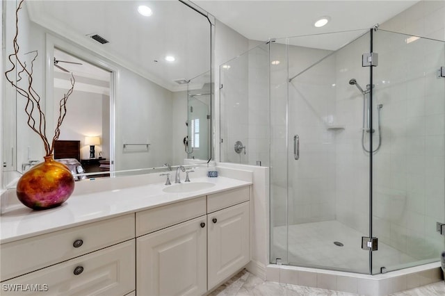 14300 Riva Del Lago Dr Unit 2103, Fort Myers, FL 33907 - full bathroom with vanity, a shower stall, recessed lighting, marble finish flooring, and connected bathroom