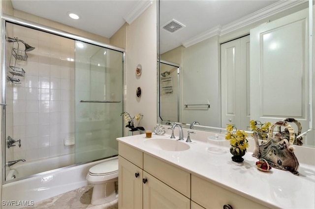 14300 Riva Del Lago Dr Unit 2103, Fort Myers, FL 33907 - full bath with vanity, toilet, shower / bath combination with glass door, ornamental molding, and recessed lighting