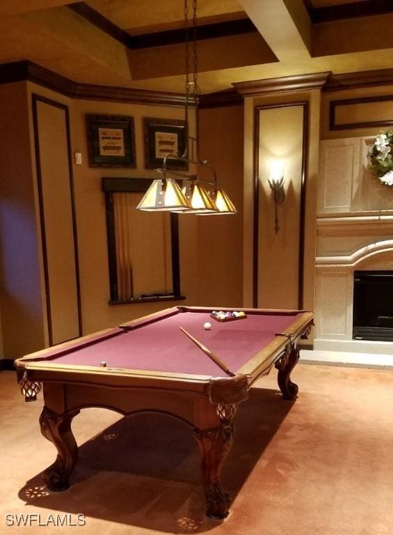 14300 Riva Del Lago Dr Unit 2103, Fort Myers, FL 33907 - rec room with carpet flooring, pool table, crown molding, and a fireplace