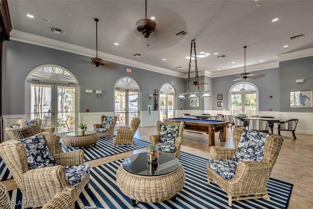 6081 Silver King Blvd Unit 704, Cape Coral, FL 33914 - living area featuring billiards table, a ceiling fan, a wainscoted wall, light tile patterned flooring, and recessed lighting