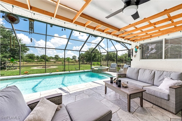 4665 47th Ave NE, Naples, FL 34120 - view of swimming pool with a patio, an outdoor living space, ceiling fan, glass enclosure, and a pool with connected hot tub