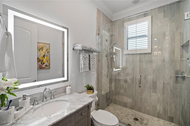 10340 Vanderbilt Dr, Naples, FL 34108 - bathroom with vanity, a shower stall, toilet, and ornamental molding