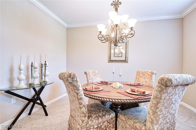 14614 Fern Lake Ct, Naples, FL 34114 - dining space with ornamental molding, a chandelier, baseboards, and tile patterned flooring