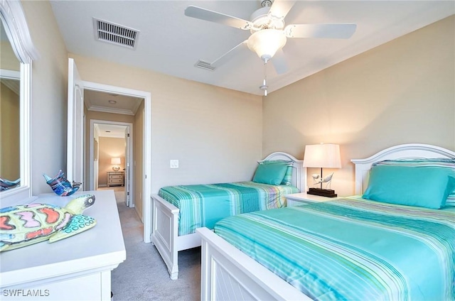 14614 Fern Lake Ct, Naples, FL 34114 - bedroom featuring light colored carpet, ceiling fan, and crown molding
