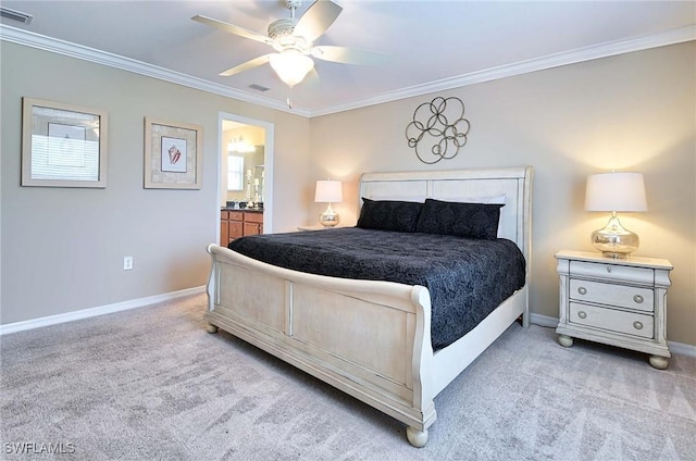 14614 Fern Lake Ct, Naples, FL 34114 - bedroom featuring carpet, ornamental molding, baseboards, a ceiling fan, and connected bathroom