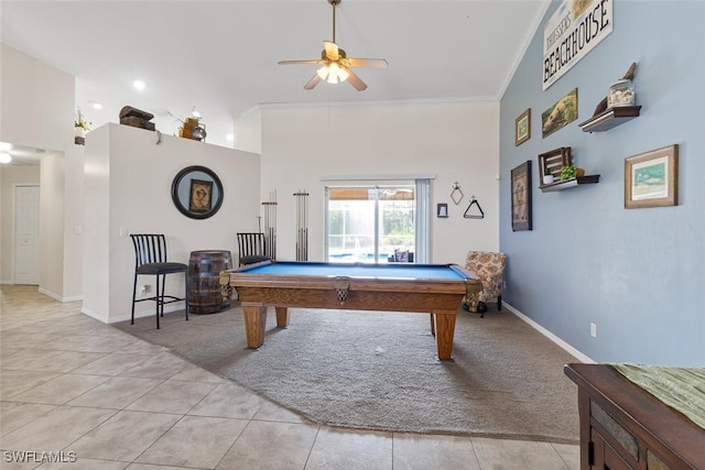 718 Willard Ave, Lehigh Acres, FL 33972 - recreation room featuring billiards table, ornamental molding, ceiling fan, light tile patterned floors, and light colored carpet