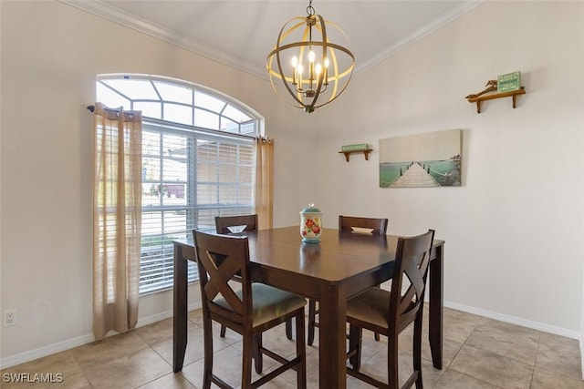 718 Willard Ave, Lehigh Acres, FL 33972 - dining room featuring a chandelier, crown molding, plenty of natural light, light tile patterned floors, and baseboards