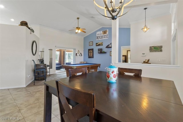 718 Willard Ave, Lehigh Acres, FL 33972 - dining room featuring vaulted ceiling, a ceiling fan, light tile patterned floors, ornamental molding, and billiards