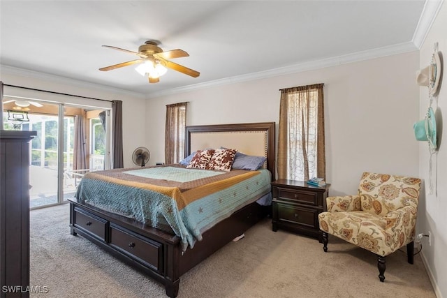 718 Willard Ave, Lehigh Acres, FL 33972 - bedroom featuring access to exterior, light carpet, ornamental molding, and a ceiling fan