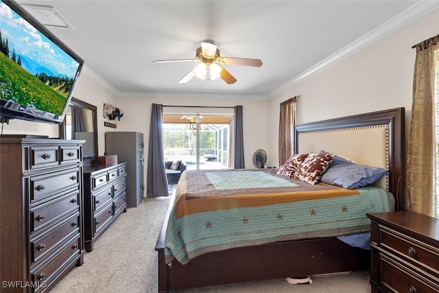 718 Willard Ave, Lehigh Acres, FL 33972 - bedroom with light colored carpet, ornamental molding, access to exterior, and ceiling fan