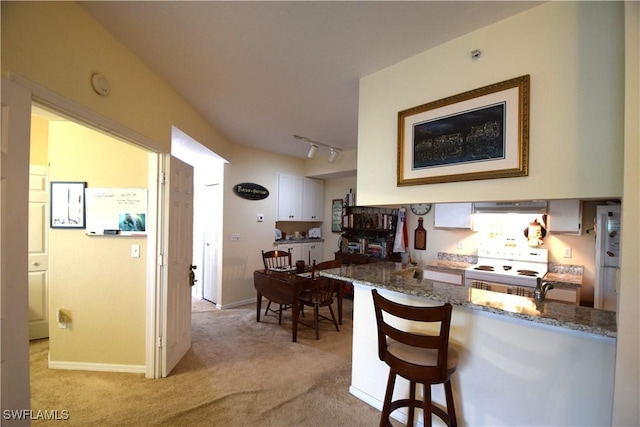 6481 Aragon Way Unit 205, Fort Myers, FL 33966 - kitchen with exhaust hood, white electric range, light colored carpet, and stone counters
