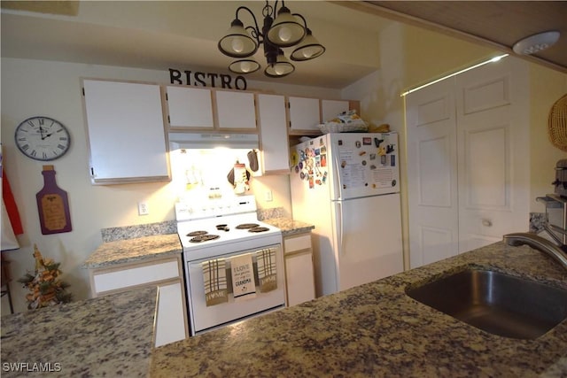 6481 Aragon Way Unit 205, Fort Myers, FL 33966 - kitchen featuring white appliances, under cabinet range hood, a chandelier, light stone countertops, and white cabinets