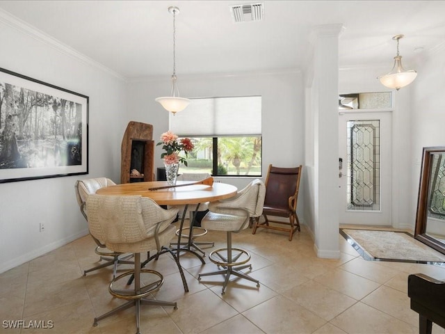 3913 Sapphire Way, Naples, FL 34114 - dining area with ornamental molding, light tile patterned floors, baseboards, and decorative columns