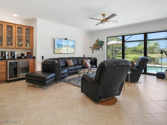 3913 Sapphire Way, Naples, FL 34114 - living room with beverage cooler, light tile patterned floors, bar area, crown molding, and ceiling fan