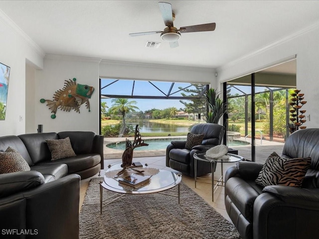 3913 Sapphire Way, Naples, FL 34114 - living area with a sunroom, ceiling fan, a water view, ornamental molding, and light tile patterned floors