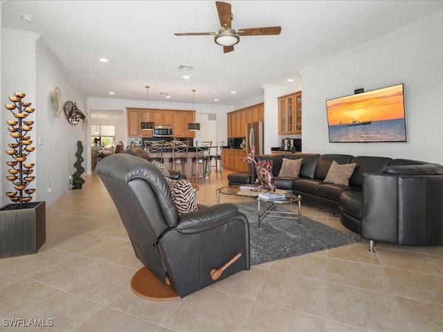 3913 Sapphire Way, Naples, FL 34114 - living area with light tile patterned flooring, a ceiling fan, ornamental molding, and recessed lighting