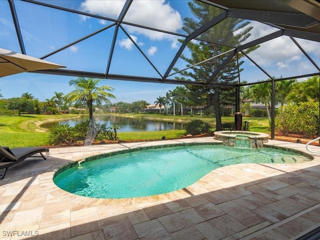 3913 Sapphire Way, Naples, FL 34114 - view of swimming pool featuring a water view, a patio, a lanai, and a pool with connected hot tub