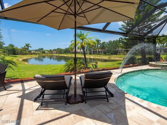 3913 Sapphire Way, Naples, FL 34114 - view of pool with a water view, a patio area, a lawn, glass enclosure, and a pool with connected hot tub