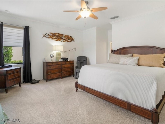3913 Sapphire Way, Naples, FL 34114 - bedroom featuring light carpet, crown molding, and ceiling fan
